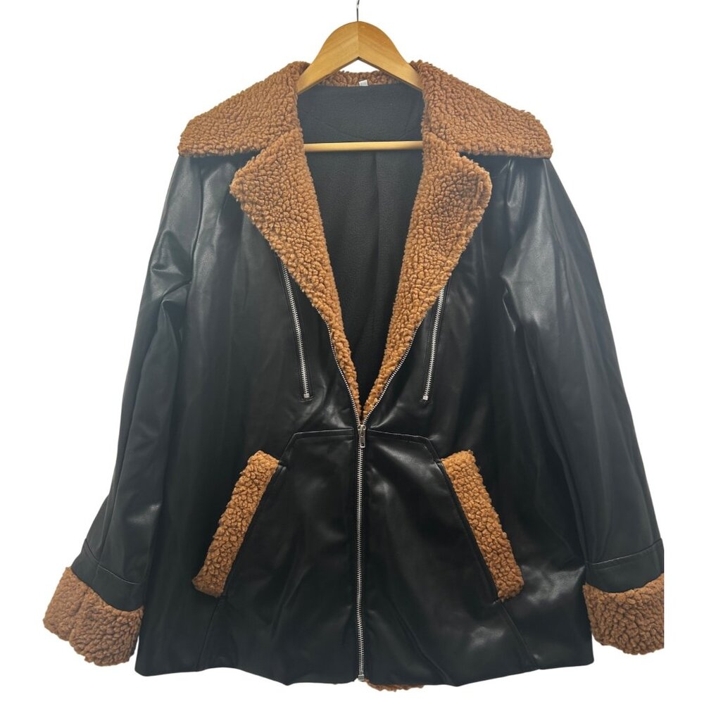 Sherpa Aviator Jacket Womens Large Faux‎ Leather Black Brown Teddy Collar Fall